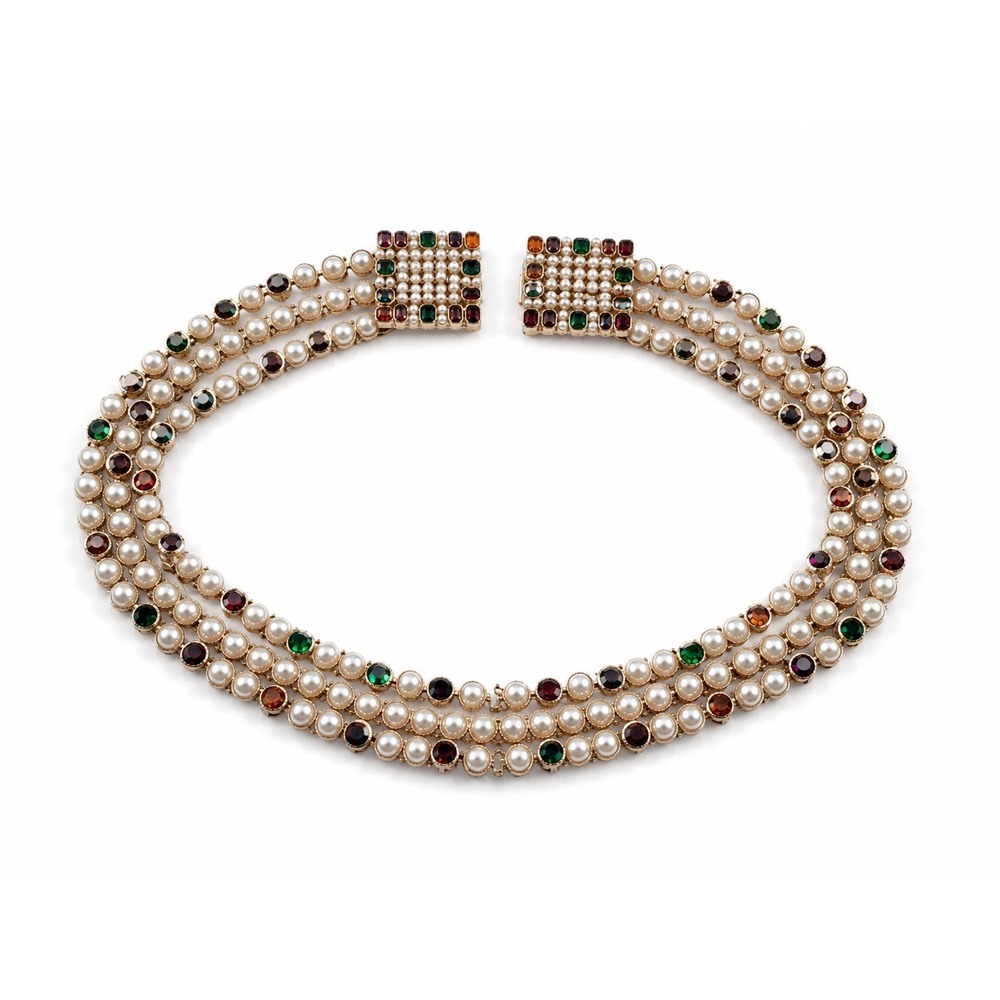 Triple Strand Faux Pearl Multi Color Gemstone Gold Tone Belt 29" S